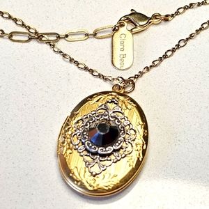 CLARA BEAU Signed Photo Locket Black Crystal Choker Necklace Filigree Matte Gold
